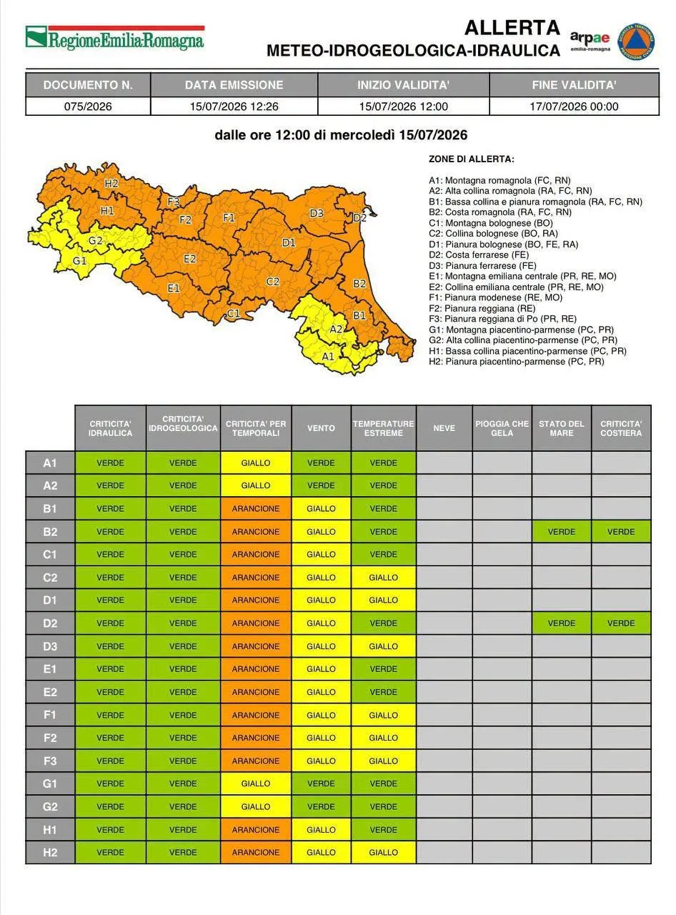 Aggiornamento allerta meteo del 15 luglio 2026