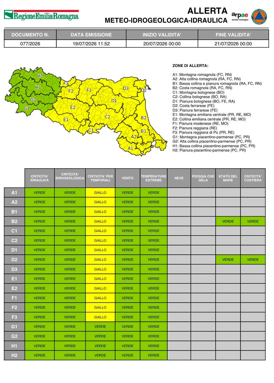 Allerta meteo gialla per temporali prevista per il 20 luglio 2026