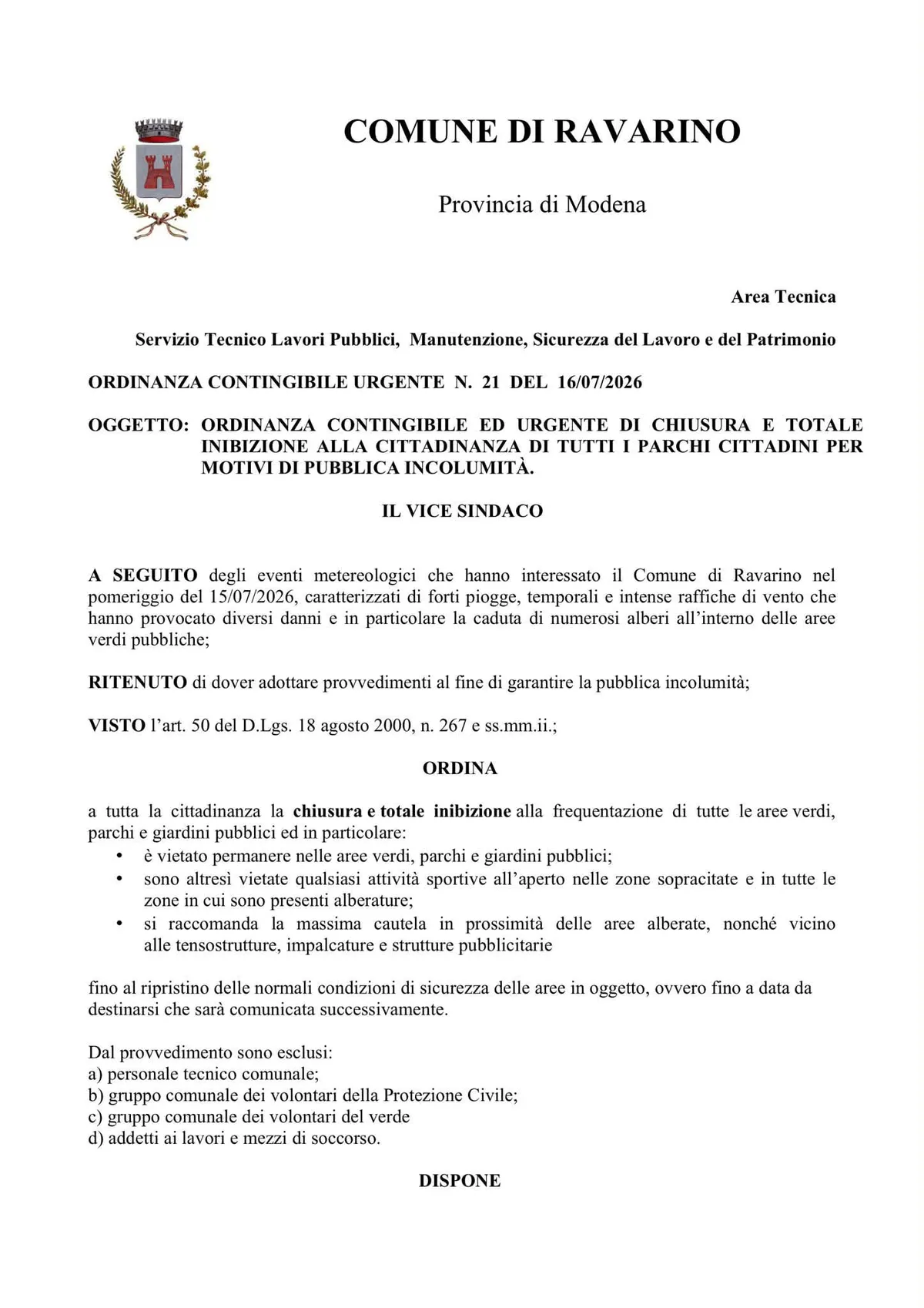 Chiusura temporanea di parchi e aree verdi comunali per maltempo