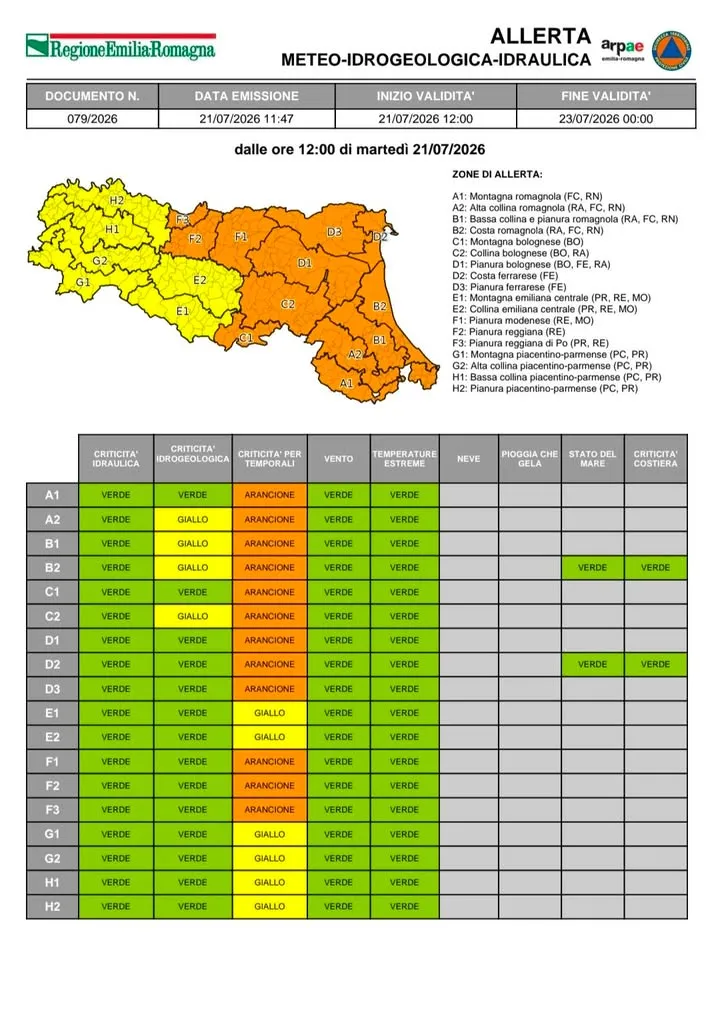 Aggiornamento Allerta Meteo Zona F1: Arancione per Temporali dal 21 Luglio 2026