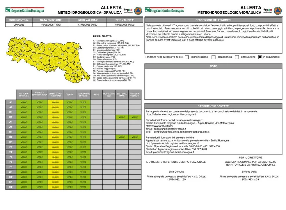 Allerta gialla per temporali a Ravarino lunedì 17 agosto