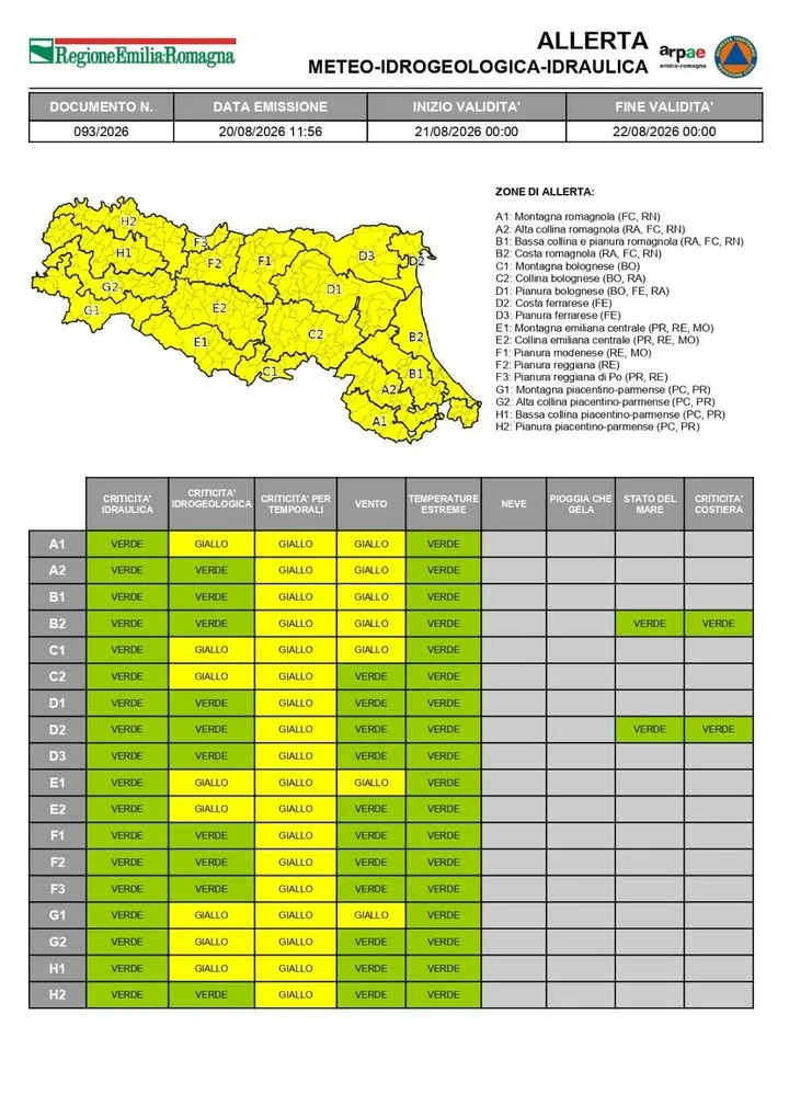Allerta meteo gialla per criticità idrogeologica, temporali e vento il 21 agosto 2026
