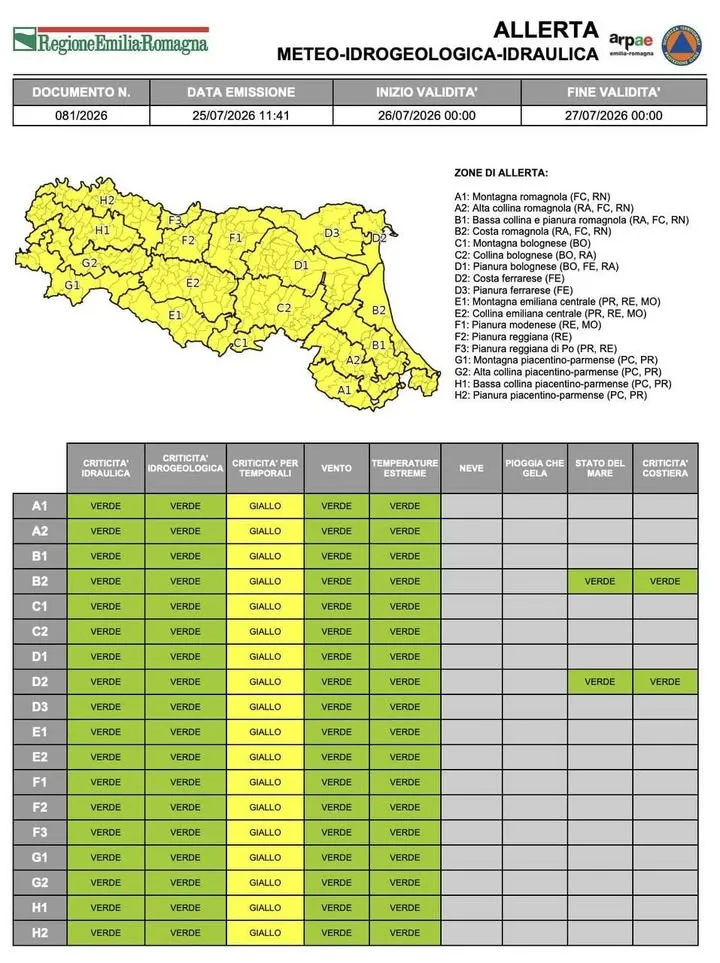 Allerta meteo gialla per temporali prevista per domenica 26 luglio 2026