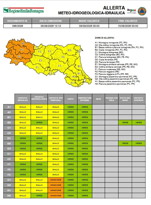Allerta meteo per temporali intensi prevista il 9 settembre 2026