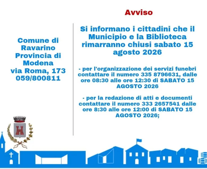 Chiusura Municipio e Biblioteca il 15 agosto 2026 a Ravarino