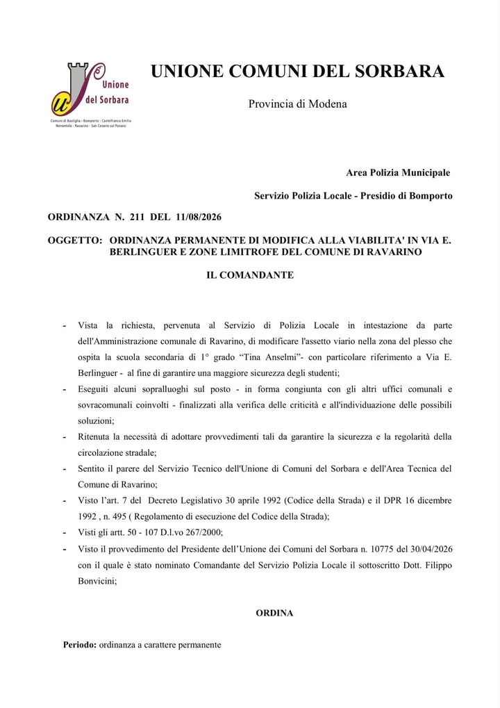 Nuova viabilità in via E. Berlinguer a Ravarino: istituito senso unico di marcia