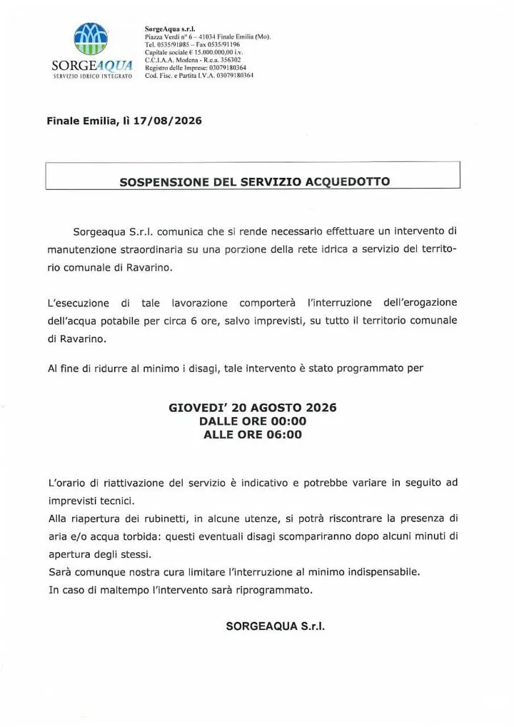 Sospensione servizio acquedotto a Ravarino per manutenzione straordinaria il 20 agosto 2026