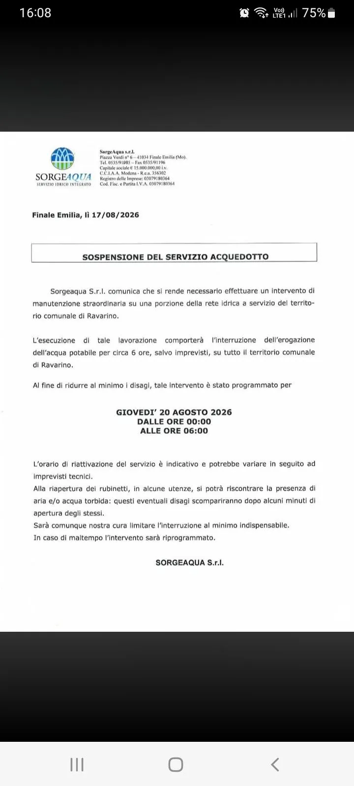 Sospensione temporanea del servizio idrico a Ravarino il 20 agosto 2026